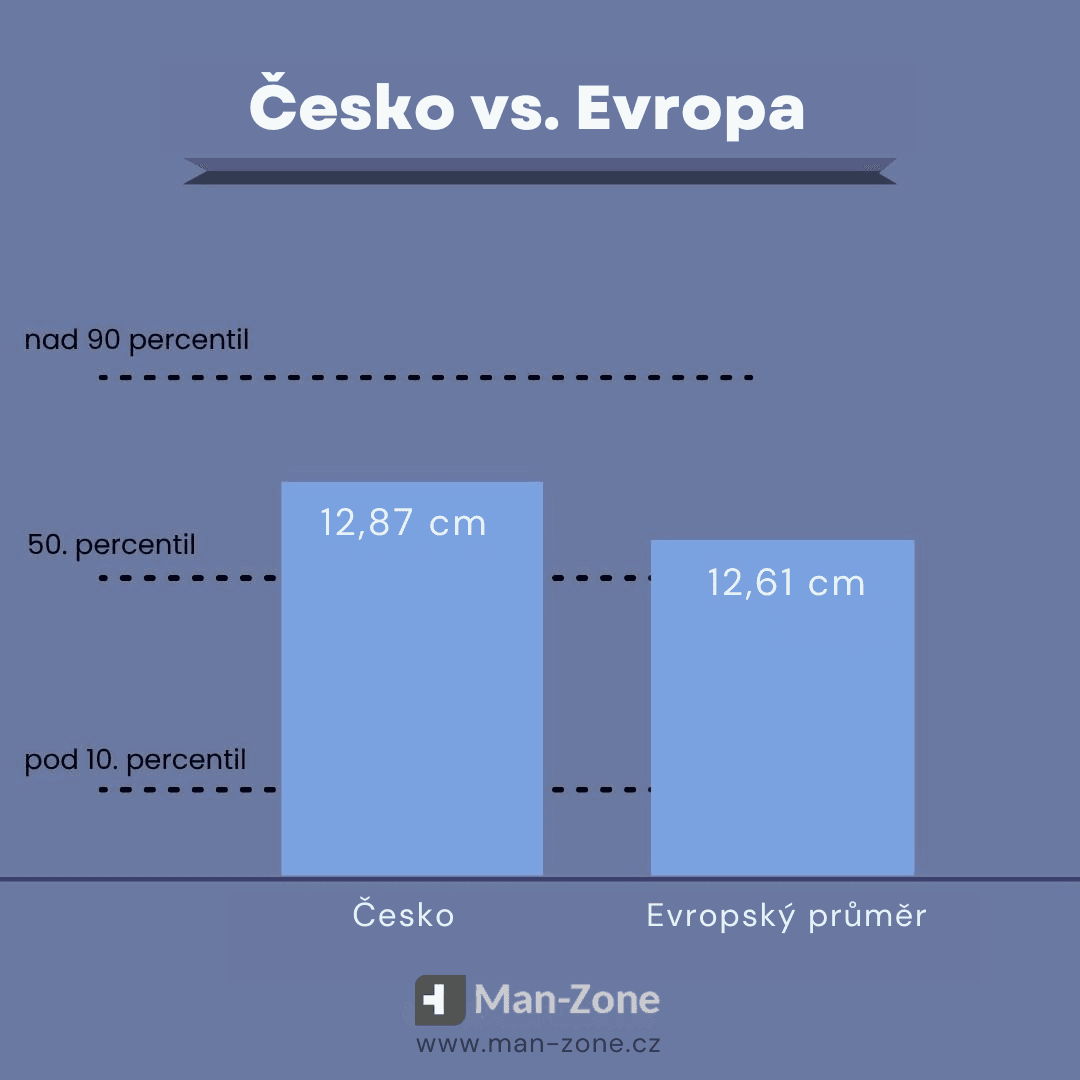 Průměrná délka penisu: Česko vs. Evropa (2025) sloupcovy-graf-ktery-porovnava-prumernou-delku-penisu-v-cesku-a-v-evrope-s-percentilovym-rozsahem